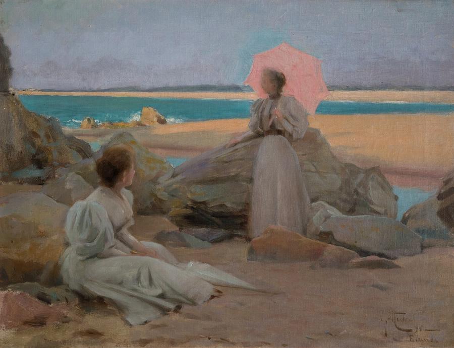 Marina with figures. Private collection. Painting by Feliu Mestres i Borrell -1872-1933-