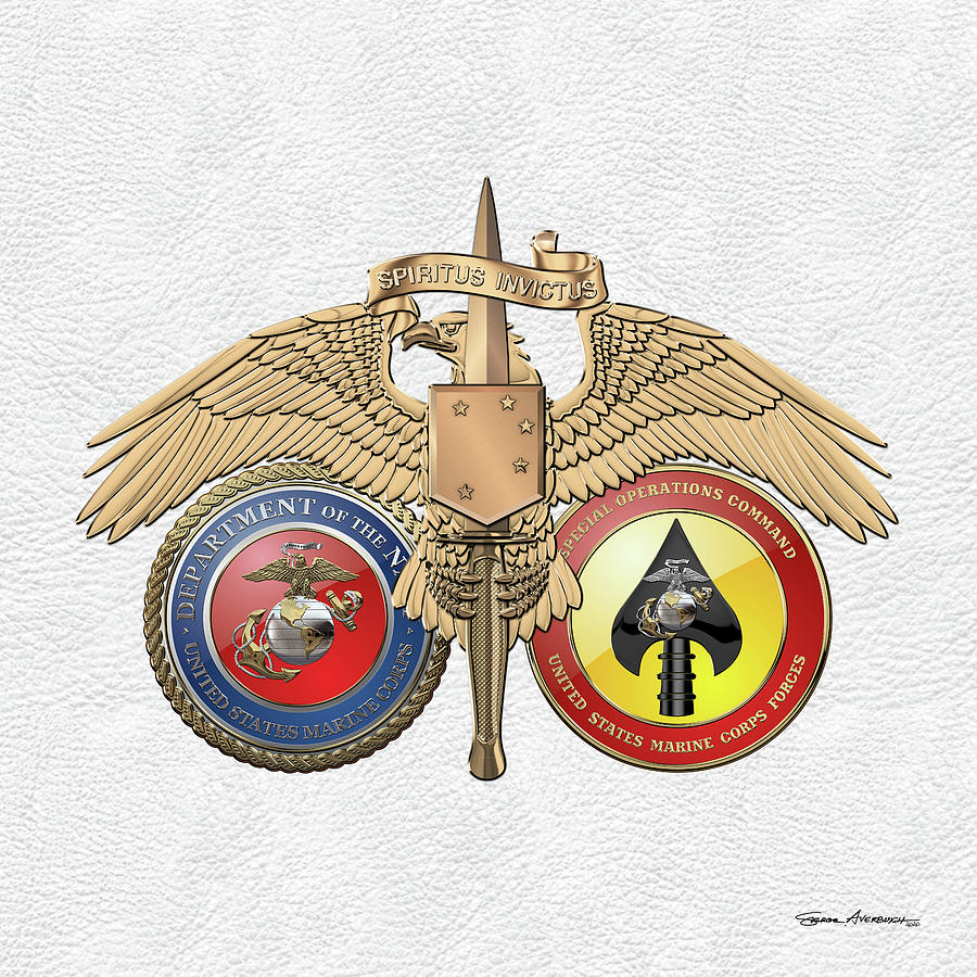 Marine Special Operator Insignia - Raider Dagger Badge with USMC and MARSOC Emblems over White  Digital Art by Serge Averbukh