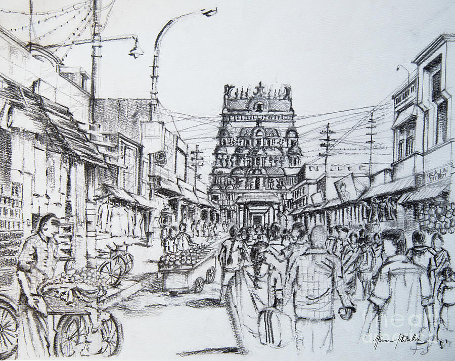 Market place - Urban life outside temple India Drawing by Aparna Pottabathni