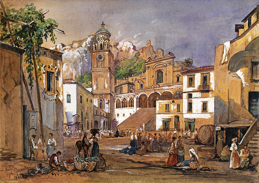 Market scene in Amalfi Drawing by Giacinto Gigante