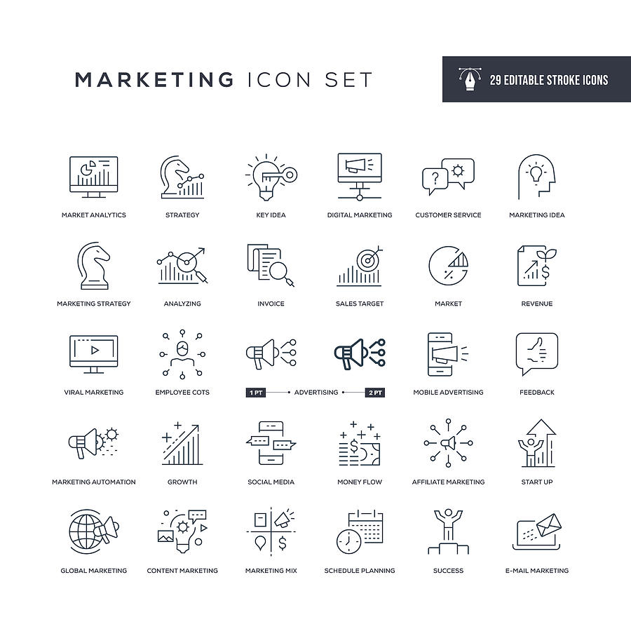 Marketing Editable Stroke Line Icons Drawing by Enis Aksoy