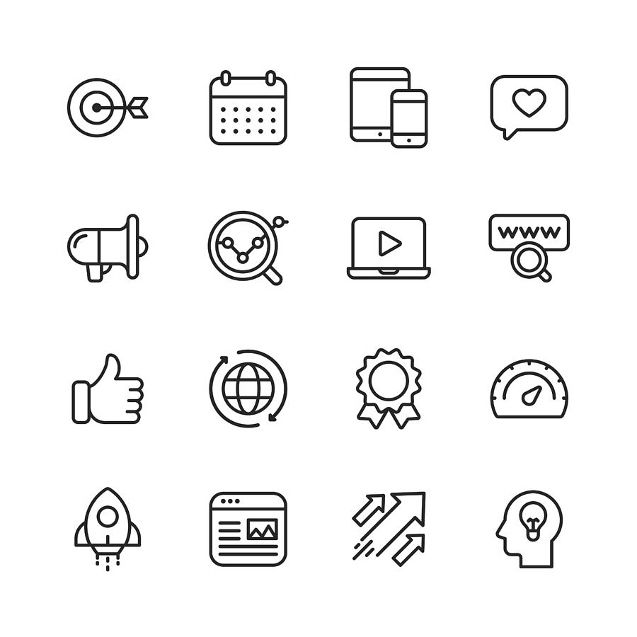 Marketing Line Icons. Editable Stroke. Pixel Perfect. For Mobile and Web. Contains such icons as Target, Growth, Brainstorming, Advertising, Social Media. Drawing by Rambo182