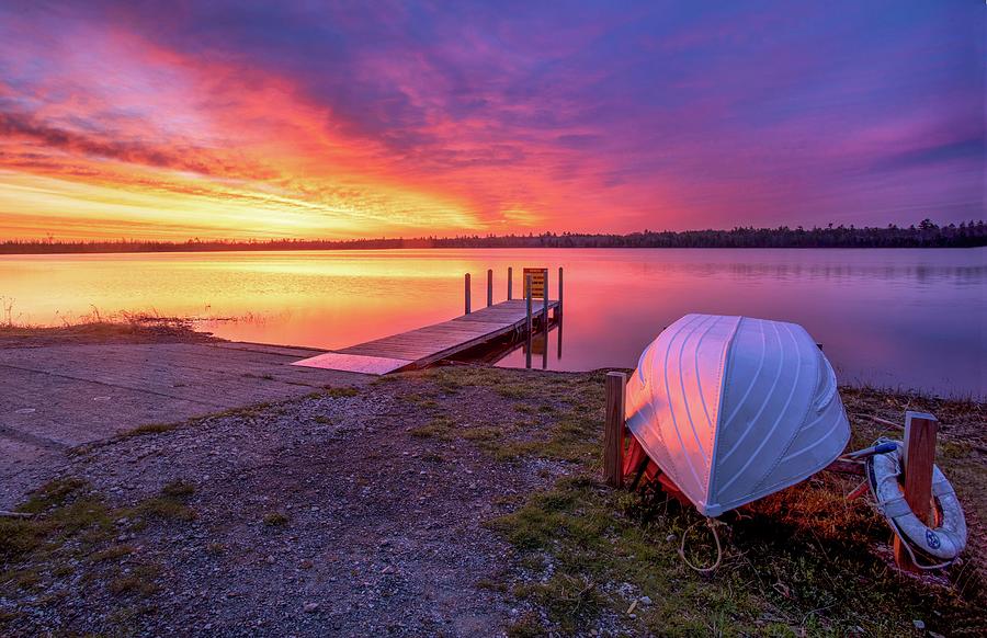 Marl Lake Life Boat Magenta Sunrise Photograph by Ron Wiltse