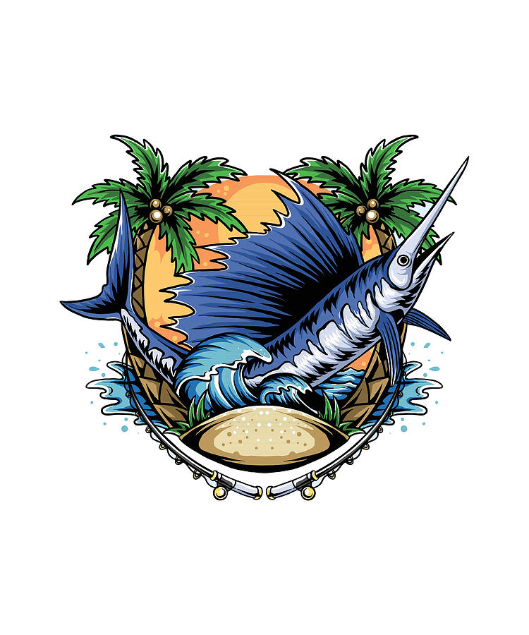 Marlin Fish Ocean Waves Beach Coconut Trees Digital Art by Daniel ...