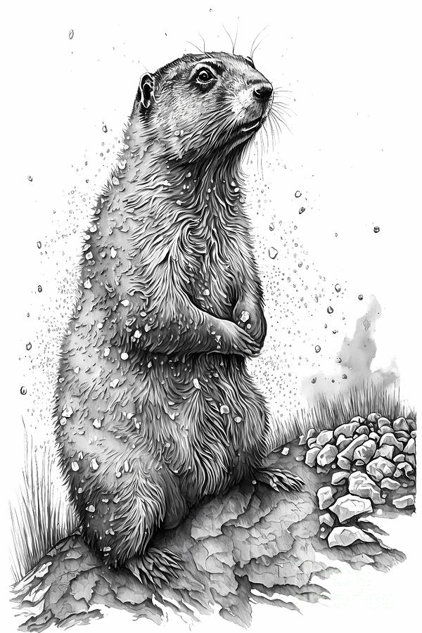 Marmot Ink Drawing In Splash of Inked Black and White Animal Intricate ...