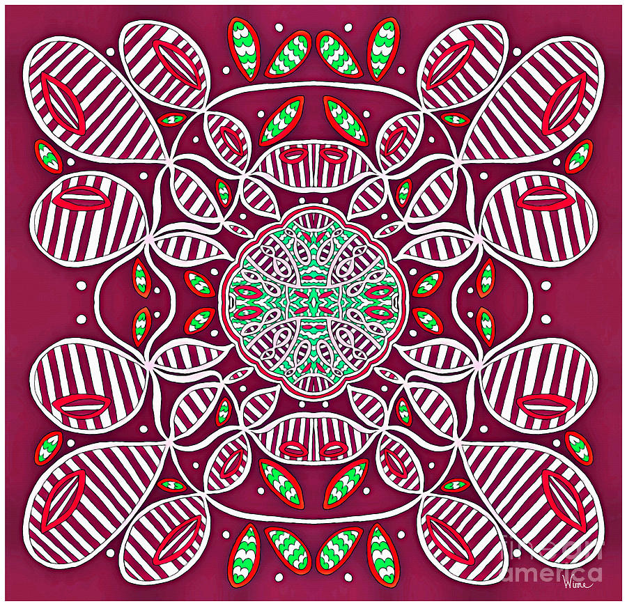 Maroon Abstract Design with Striped Interconnected Balloon Shapes Mixed Media by Lise Winne