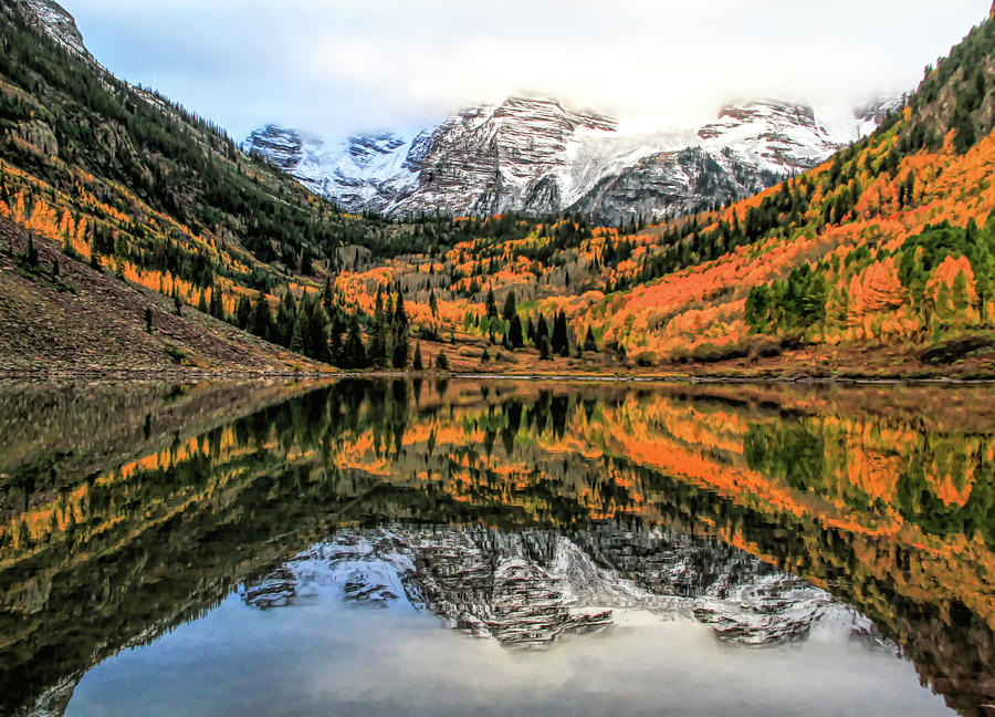 Maroon Bells Autumn Reflection Painting by Dan Sproul