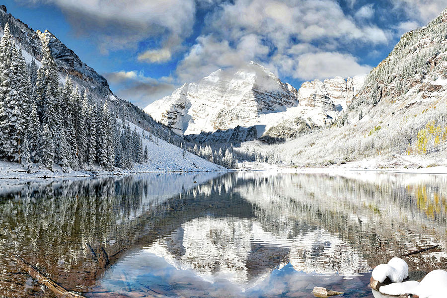 Snow covered Maroon Bells in Aspen, Colorado. Photograph by OLena Art