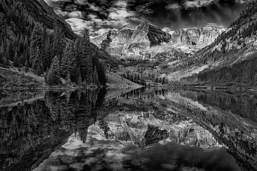 Maroon Bells Full Reflection BnW DSC06674-2015 Photograph by Greg Kluempers