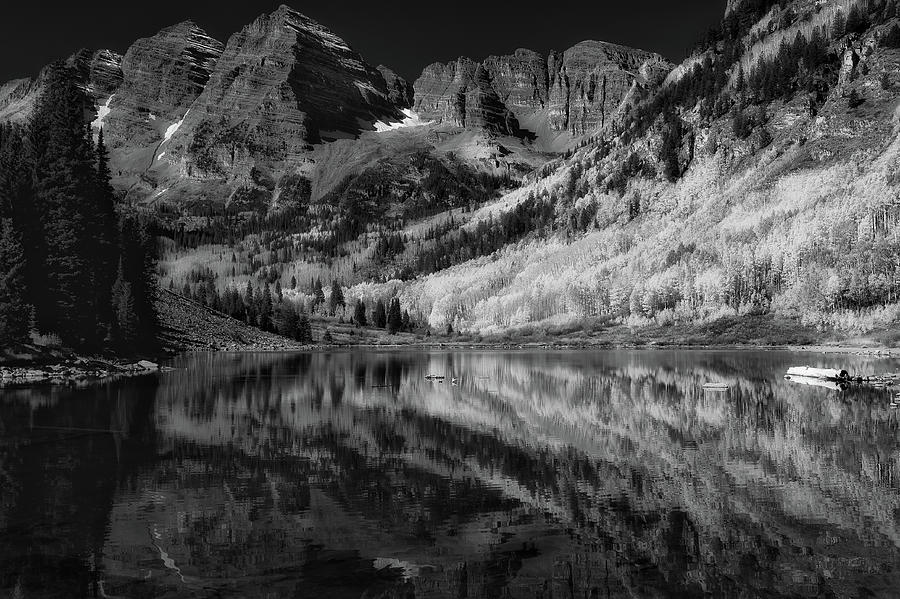Maroon Bells in black and white Photograph by Doug Wittrock