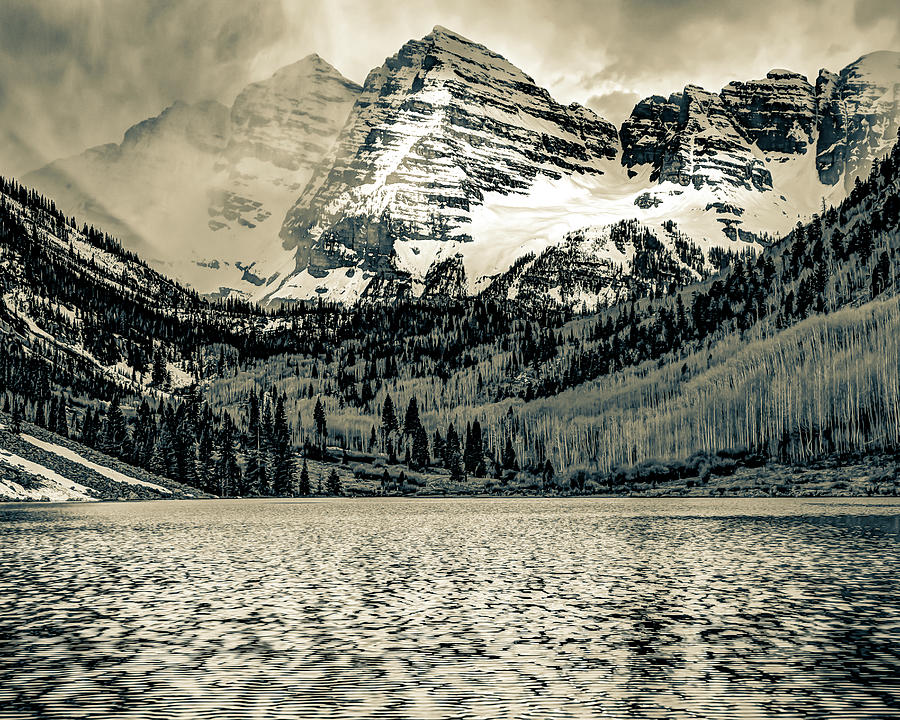 Maroon Bells Mountain Peaks in Sepia Photograph by Gregory Ballos