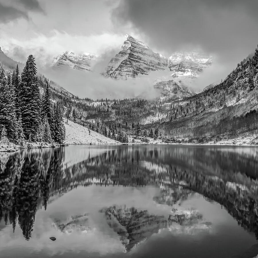 Maroon Bells Peaks Through Morning Clouds 1x1 - Black And White Photograph