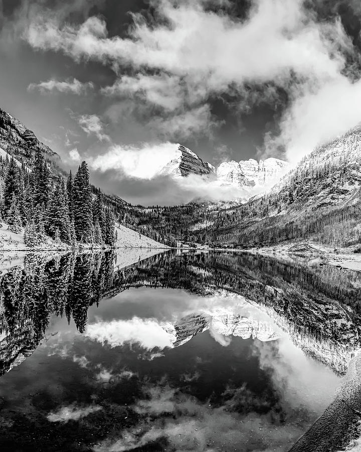 Maroon Bells Scenic Mountain Landscape at Sunrise - Black and White Photograph by Gregory Ballos