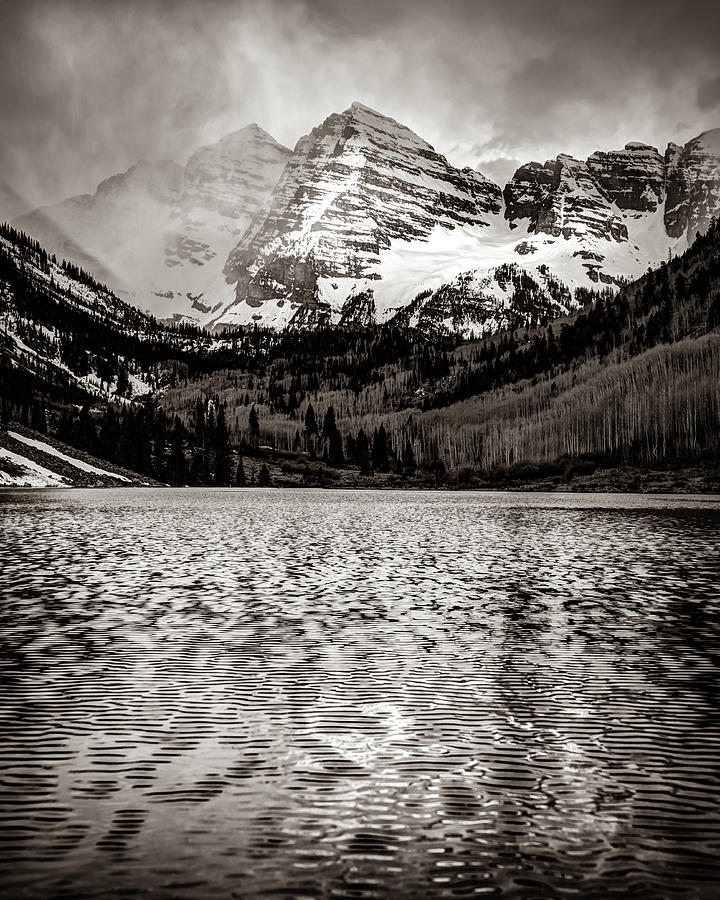 Maroon Bells Snow Capped Mountain Peaks in Sepia Photograph by Gregory Ballos