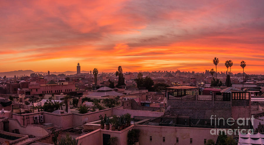 Marrakech city skyline at sunset Medina area Photograph by Perry Van Munster