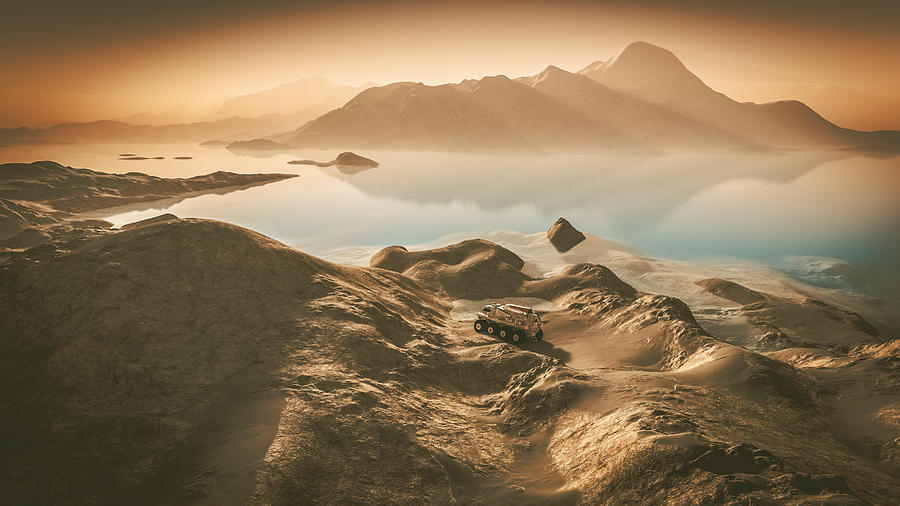 Mars exploration, water, landscape, rover Photograph by Gremlin