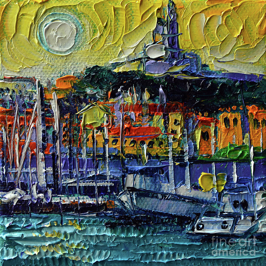 Sunset Painting - MARSEILLE France Old Port - oil painting on mini 3D canvas  by Mona Edulesco