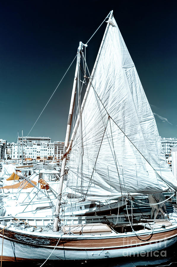 Marseille Sailboat at the Vieux Port Infrared Photograph by John Rizzuto