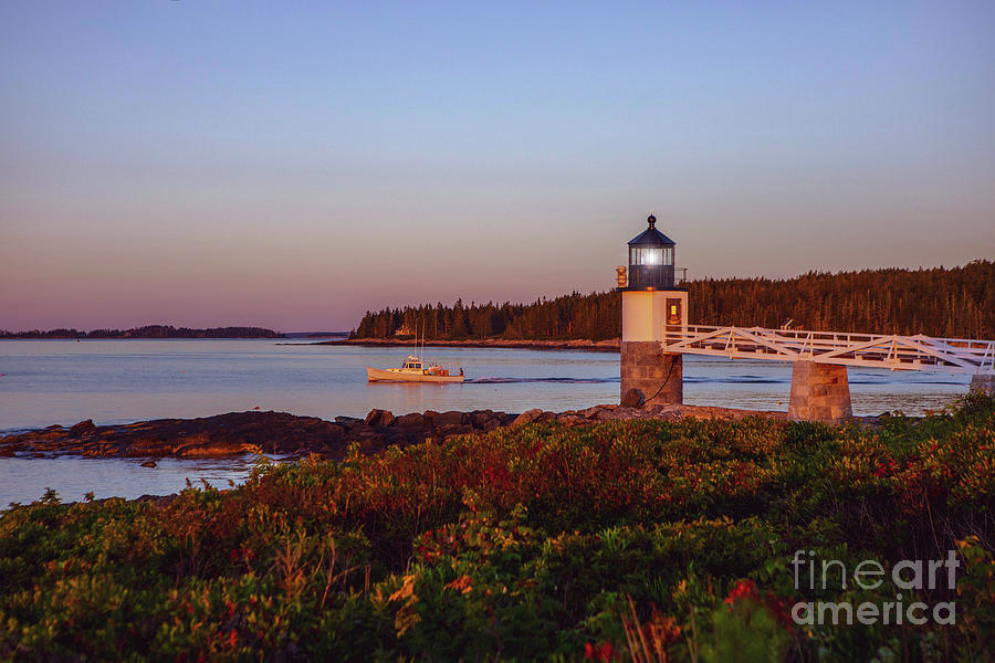 Marshall Point Lighthouse at Sunrise with Lobster Boat Photograph by Diane Diederich