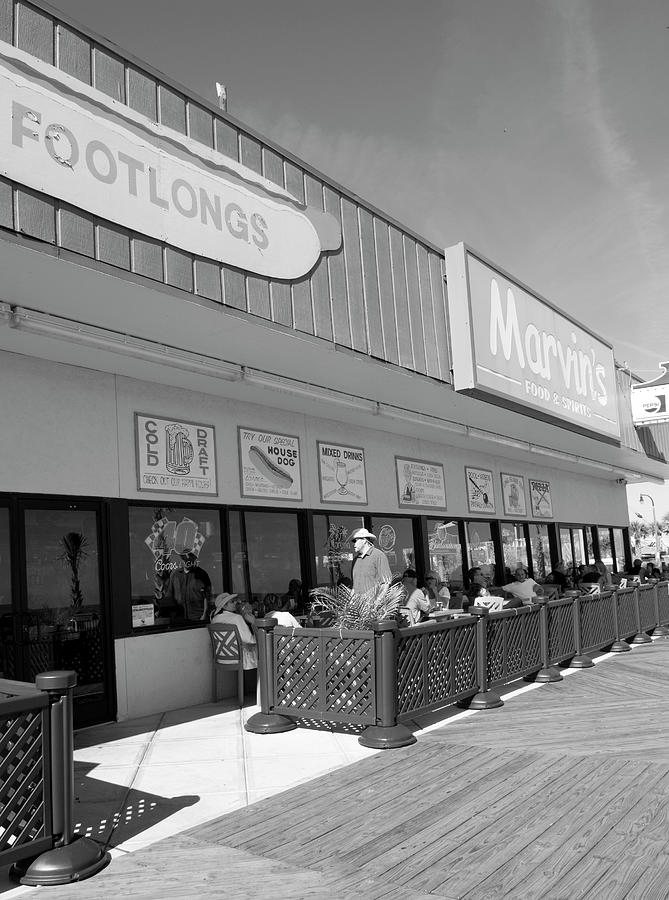 Marvins Sidewalk Cafe on Boardwalk Myrtle Beach South Carolina Vertical BW Photograph by Bob Pardue