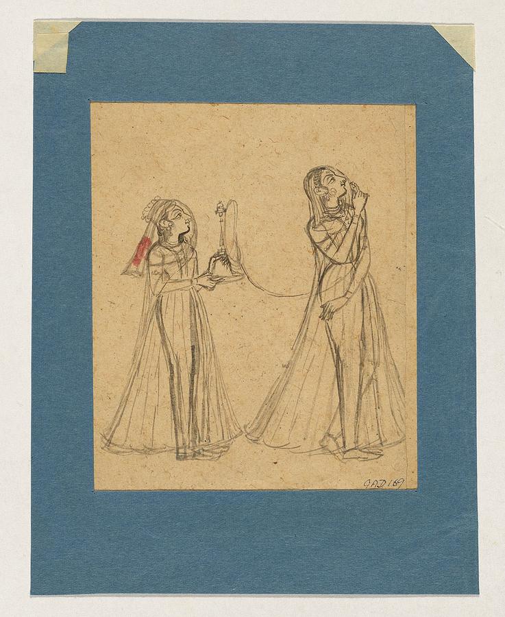 Marwar painting, Kishangarh Style A woman accompanied by her maid, who carries a huqqa late 18th cen Painting by Artistic Rifki
