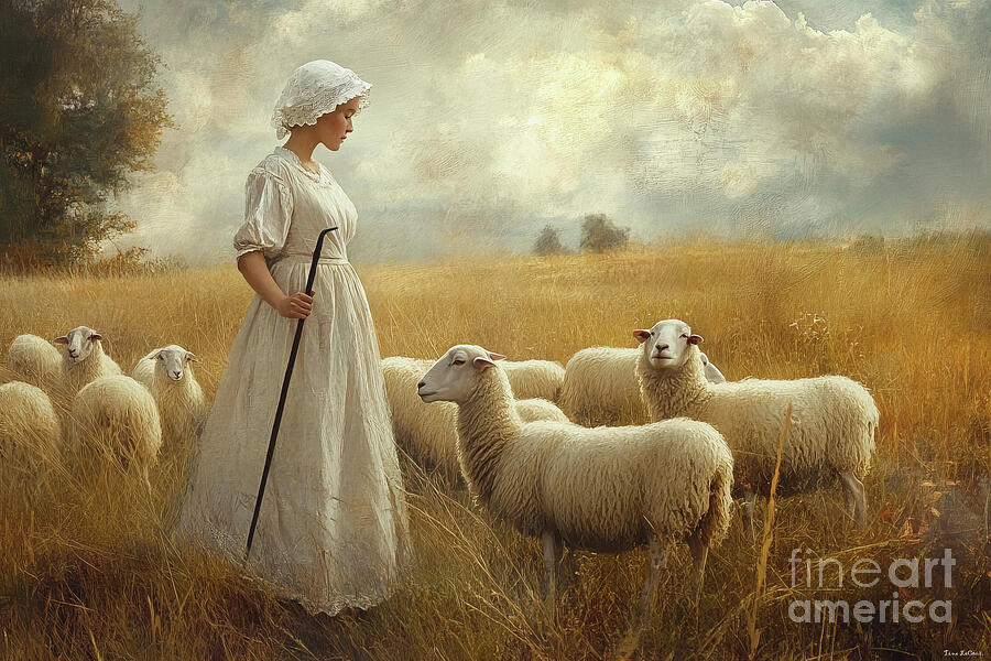 Mary And Her Sheep Painting by Tina LeCour Mary And Her Sheep Painting by Tina LeCour
