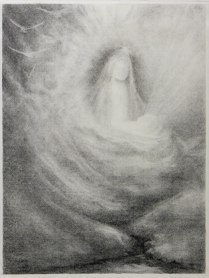 Mary With Clouds Drawing by Britta Burmehl
