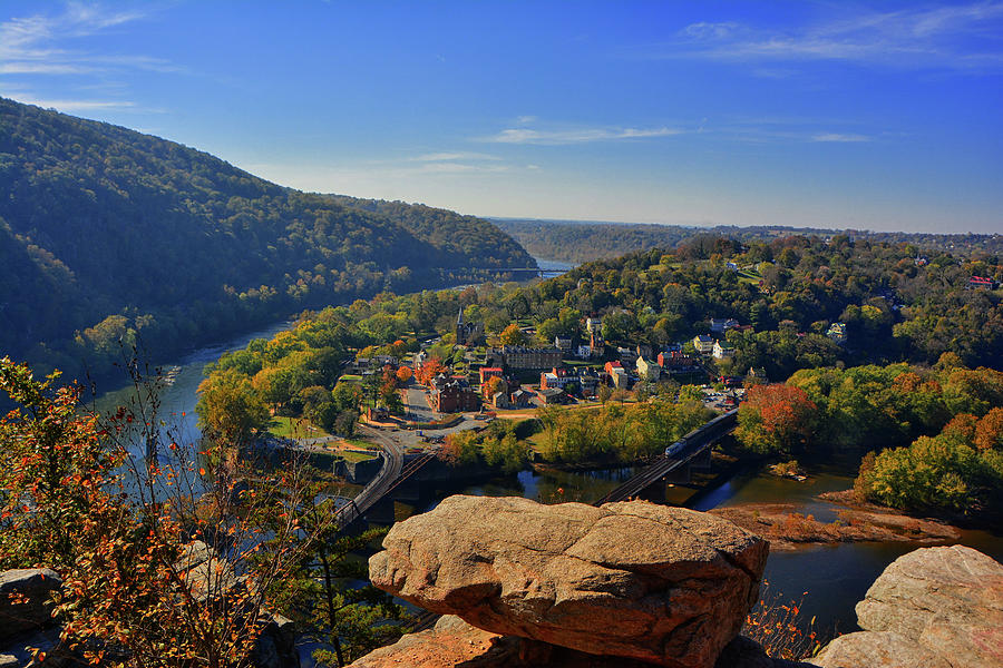 Maryland Heights View of Harpers Ferry, WV with Amtrak in Town Photograph by Raymond Salani III