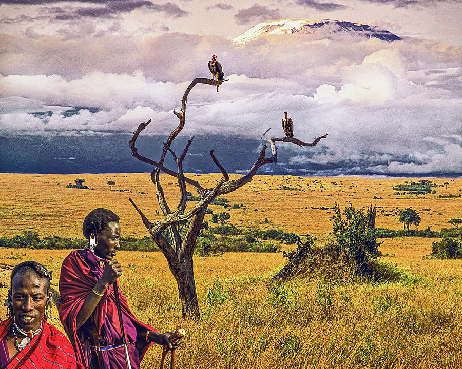 Masaii Warriors, Vultures And Mount Kilimanjaro, Tanzania Photograph by Don Schimmel