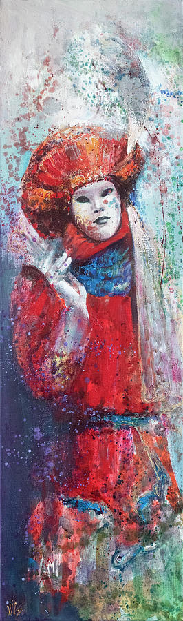 Up Movie Painting - Mask in red dress painting by Vali Irina Ciobanu by Vali Irina Ciobanu