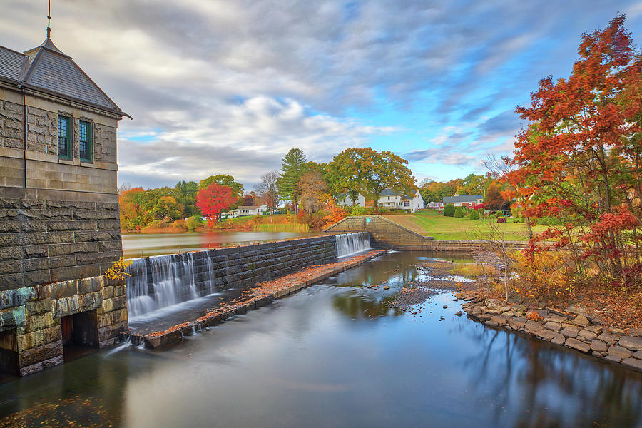 Massachusetts fall foliage at the Framingham Number One Dam and Gatehouse Photograph by Juergen Roth