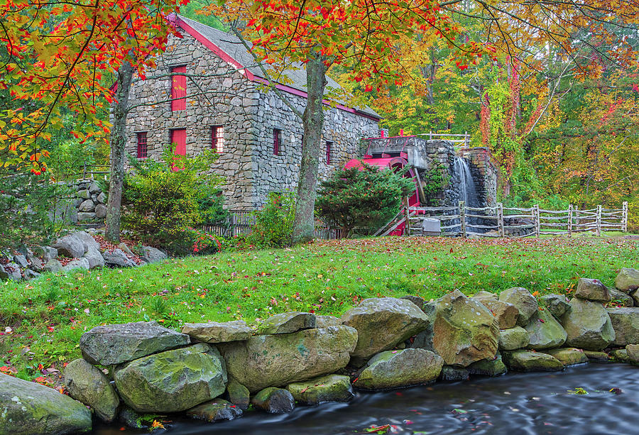 Massachusetts Sudbury Grist Mill and Fall Foliage Photograph by Juergen Roth