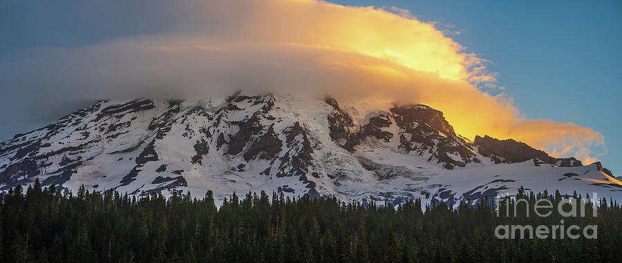 Massive Golden Lenticular Cloud On Mount Rainier Photograph