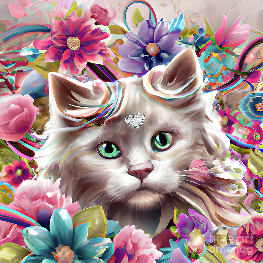 Masterpiece Floral Cat Kitten Digital Art by Debra Miller