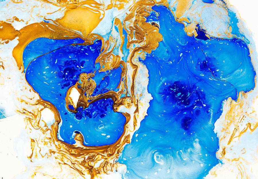Masterpiece of designing art. Golden and blue paint. Abstract ocean
