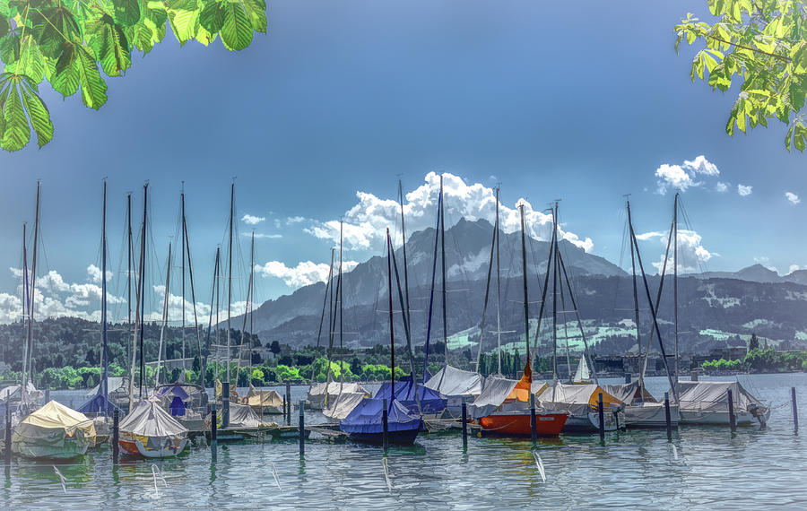 Masts of Lucerne in the Shadow of Mount Pilatus Photograph by Marcy Wielfaert