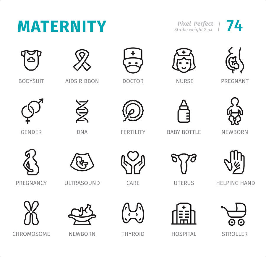 Maternity - Pixel Perfect line icons with captions Drawing by Lushik