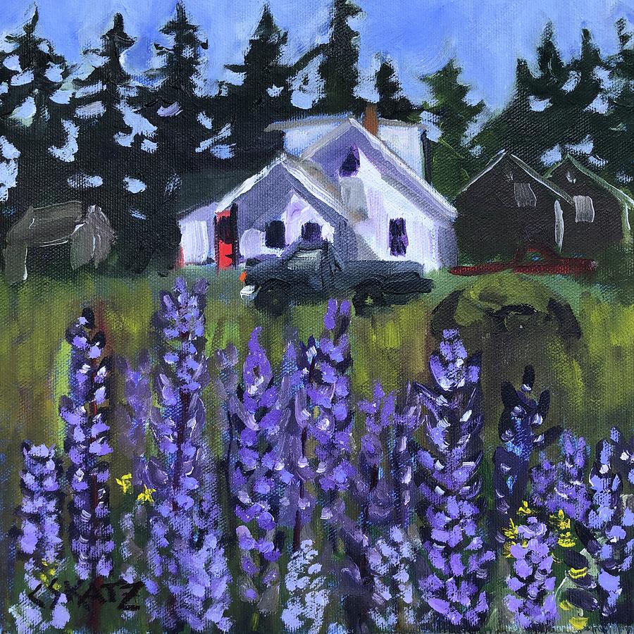 Matinicus House with Lupine Painting by Cyndie Katz