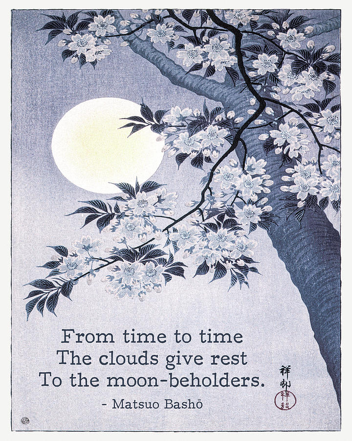 Matsuo Basho Haiku Poem Blossoming Cherry on a Moonlit Night Ohara Koson Digital Art by Georgia Clare