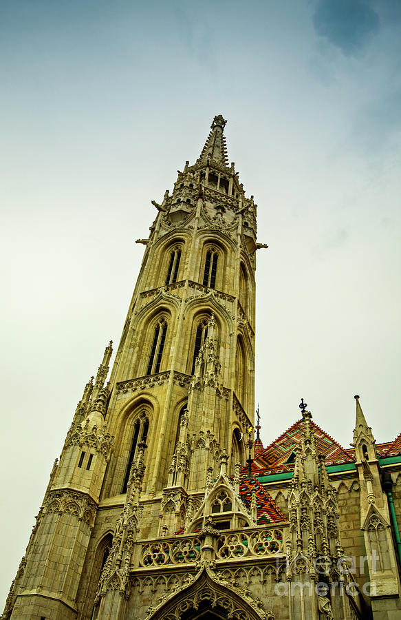 Matthias Church spire in the Fishermans Bastion in Budapest Photograph by Mendelex Photography