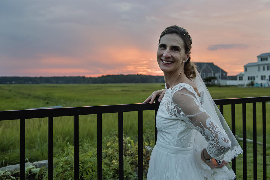 Mature bride portrait at sunset in backyard. Photograph by Martinedoucet