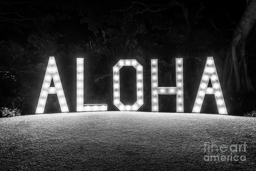 Maui Hawaii Aloha Sign at Night Black and White Photo Photograph by Paul Velgos