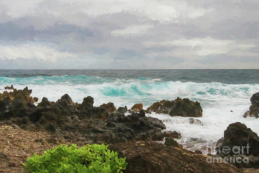 Mauis Blue Ocean Waters Washes the Lava Based Shore - digital painting Photograph by Scott Pellegrin