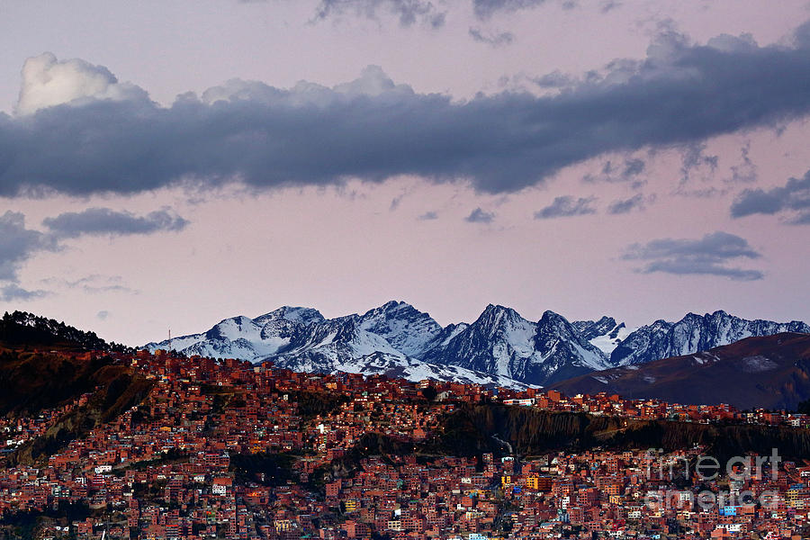 Mauve twilight over the Andes Mountains and La Paz Bolivia Photograph by James Brunker