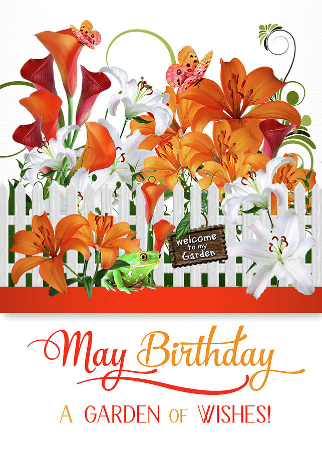 May Birthday Lily Garden with Butterflies and a Frog  Digital Art by Doreen Erhardt