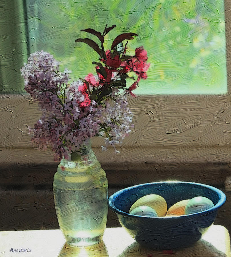 May Morning Lilacs and Pretty Eggs Mixed Media by Anastasia Savage Ealy