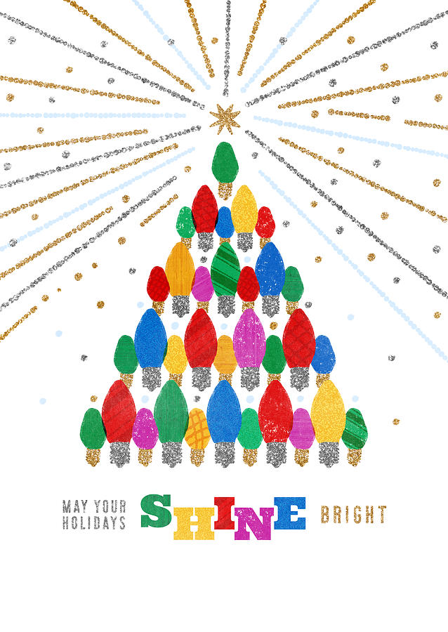 May Your Holidays Shine Bright - Modern Rainbow Vintage Bulb Tree Holiday art by Jen Montgomery Digital Art by Jen Montgomery