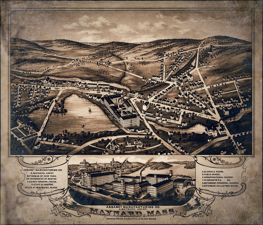 Maynard Massachusetts Vintage Map Birds Eye View 1879 Sepia Photograph 