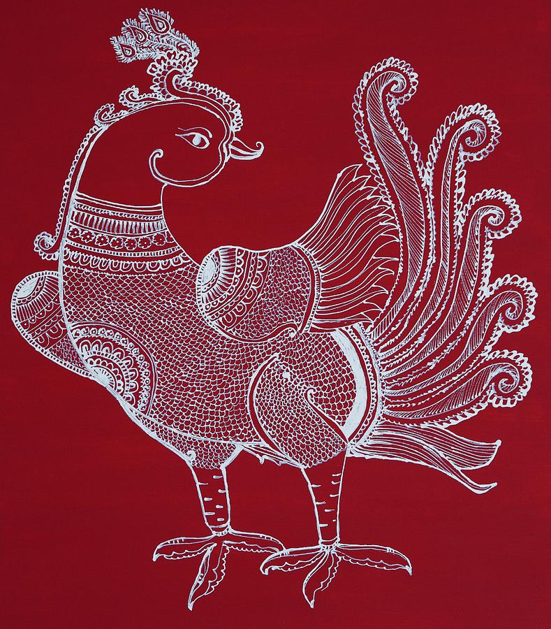 Peacock - Scarlet Maroon Red Painting by Bnte Creations