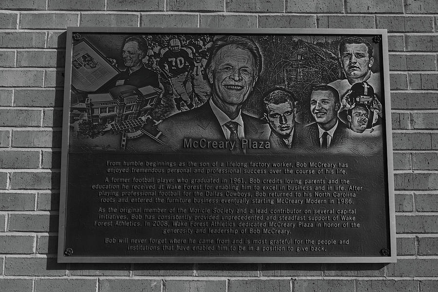 Mccreary Plaza Historical Marker At Wake Forest University In Black And White Photograph